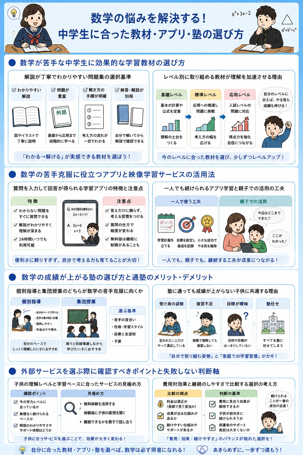 数学の悩みを解決する！中学生に合った教材・アプリ・塾の選び方