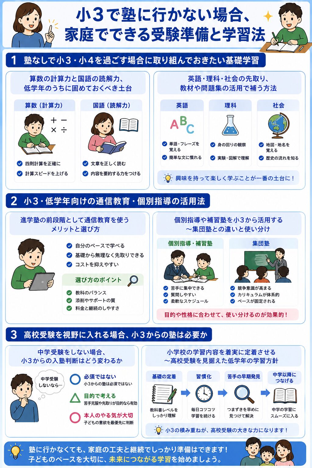 小3で塾に行かない場合、家庭でできる受験準備と学習法